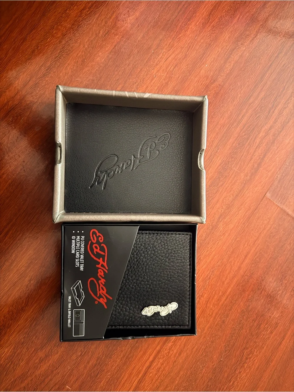Ed Hardy Black Men's Leather Card & Key Holder with Silver Logo
